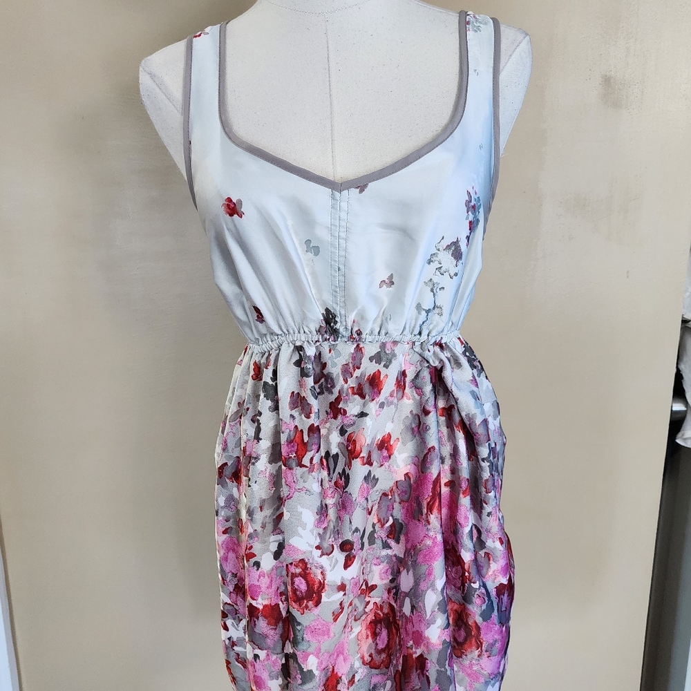 Grey/Pink Floral Satin Mini Dress, Women's S - Picture 3 of 9
